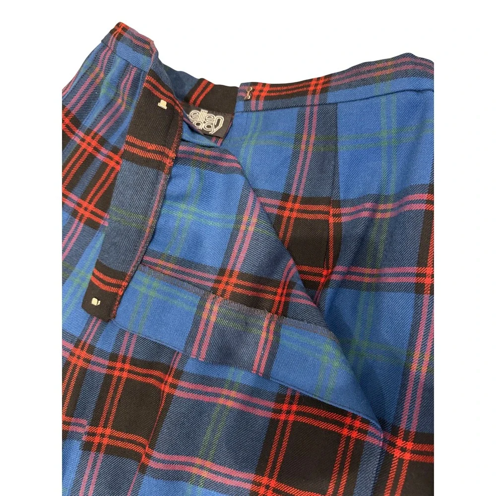 Vintage Ellen Tracy 100% Pure Wool Plaid‎ Pleated Midi Skirt Blue Red Size 7/8